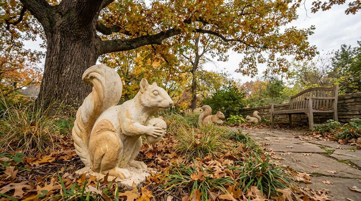 A limestone sculpture of an active squirrel clutching an acorn, adding playful energy and seasonal relevance to autumn gardens. Features dynamic lines with a curved spine and upright tail, contrasting with static plant forms. Ideal for placement near oak trees or hickories to draw attention to specimen trees, with multiple sculptures suggesting movement through three-dimensional space. Weathers to cream and tan tones that complement fall leaf colors and remain visible in winter.