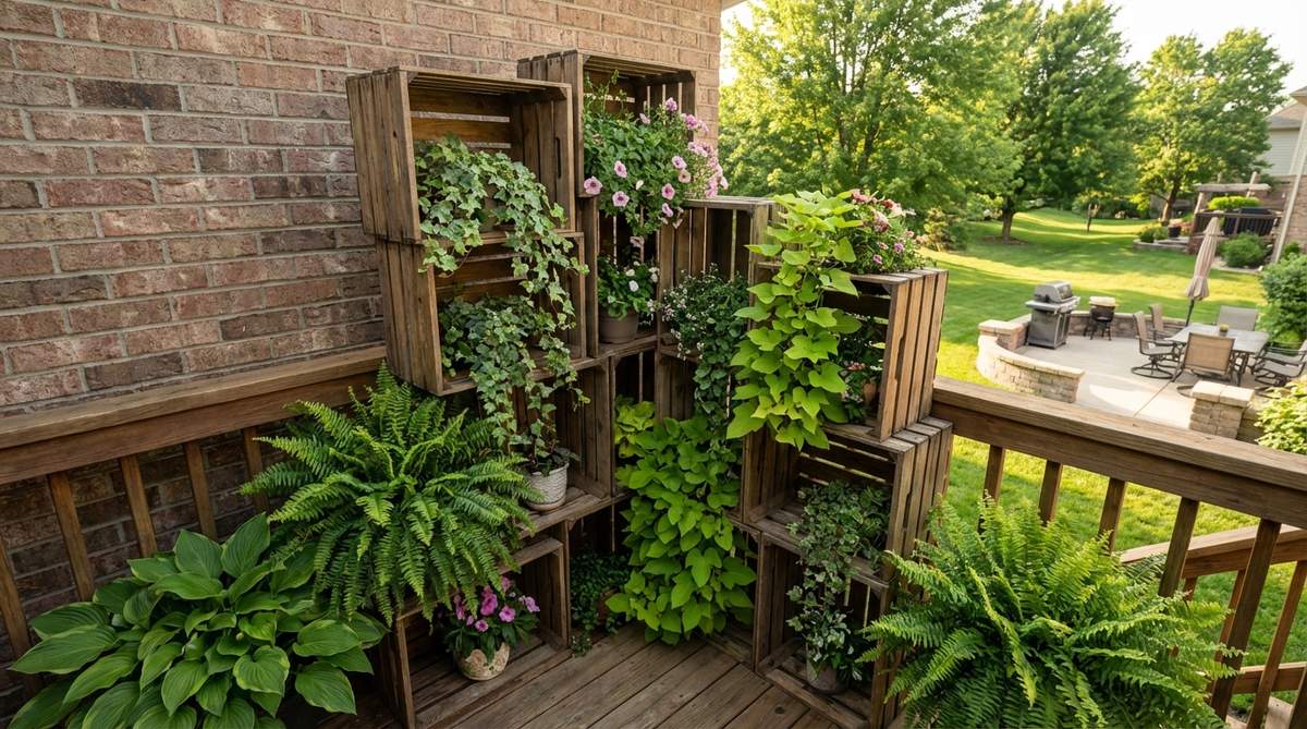 A creative balcony plant display featuring wooden crates stacked in a staggered formation to create a dimensional plant tower. The offset arrangement provides stability while allowing lush plants to cascade from each level, with larger statement plants at the bottom and trailing varieties softening the edges. This modular system adapts easily to seasonal changes in plant collections.