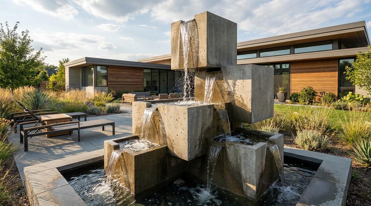 A contemporary garden fountain featuring multiple concrete or stone cubes stacked in offset positions, with water cascading from the top cube down through each level. The asymmetrical arrangement creates dynamic water paths that change with viewing angle, while rectilinear shapes complement modern architecture with strong horizontal lines.