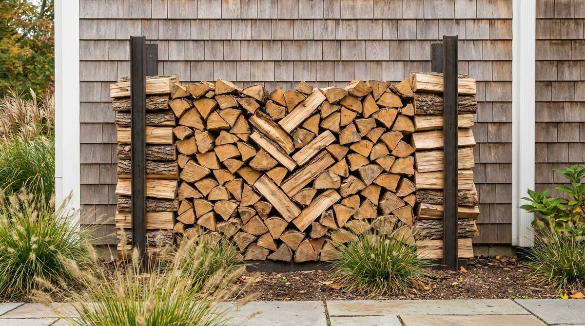 A neatly arranged stack of split firewood logs organized by size in a chevron or basket-weave pattern against an exterior wall, framed with upright posts or metal brackets for stability. This functional art serves as practical storage and a textured backdrop that evokes warmth and winter preparedness in outdoor decor.