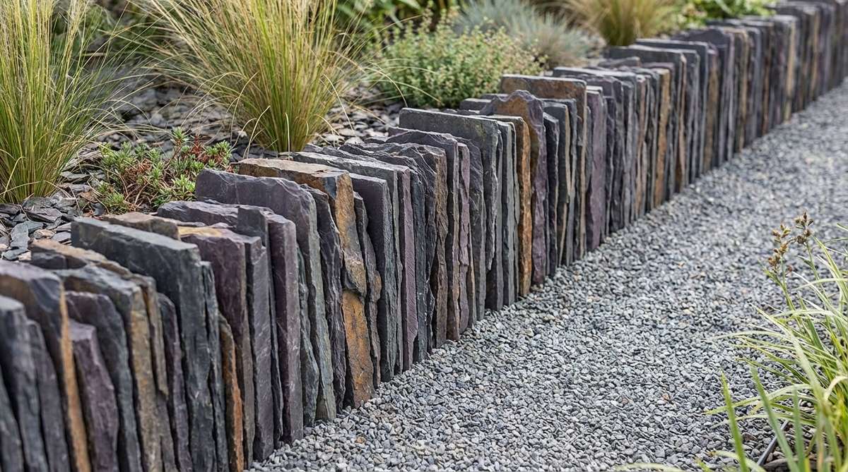 A close-up photo of stacked slate edging in a garden, showing thin slate pieces stood vertically on edge with natural color variations from charcoal to purple-gray and rust accents, creating a refined border with vertical interest and architectural definition, ideal for contemporary gardens or alongside gravel pathways.