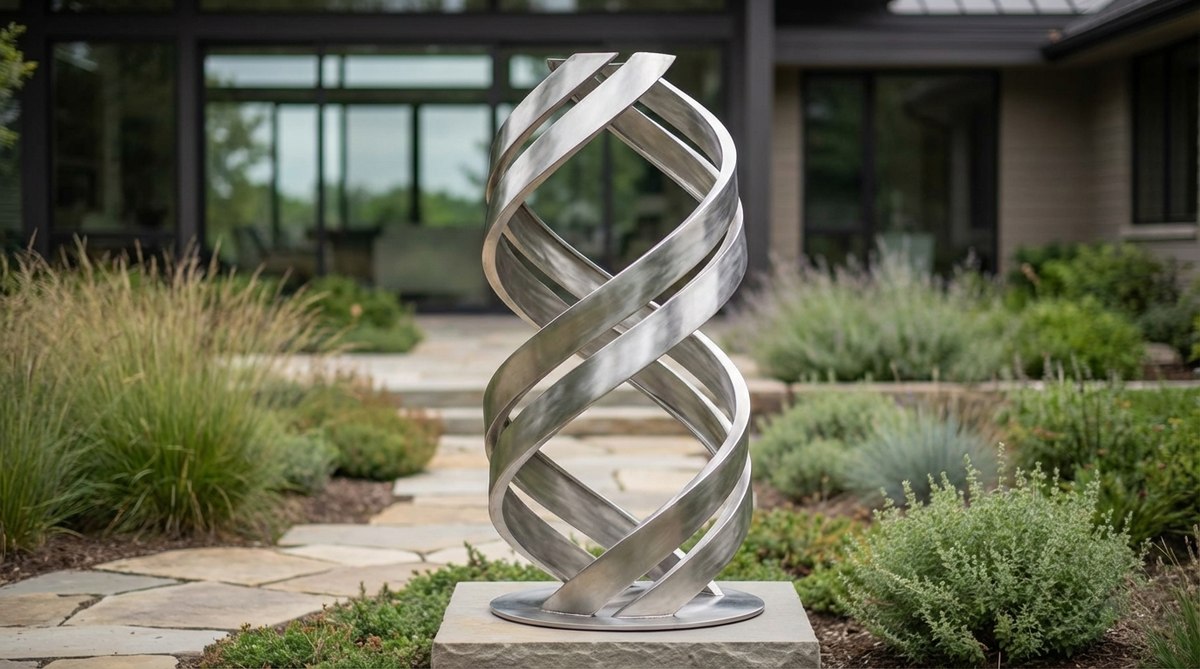 A contemporary stainless steel sculpture featuring two interwoven helical forms that rotate independently on precision bearings, creating complex layered movement. Designed for garden settings, it maintains a polished appearance and reliable kinetic performance, ideal for positioning in sight lines from interior living spaces to provide year-round visual engagement and connect indoor and outdoor environments.