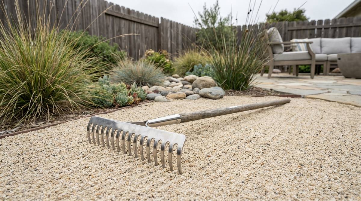 A corrosion-resistant stainless steel garden rake with precision-machined tines that maintain perfect spacing for creating mathematically precise patterns in zen gardens, ideal for humid climates and coastal environments.