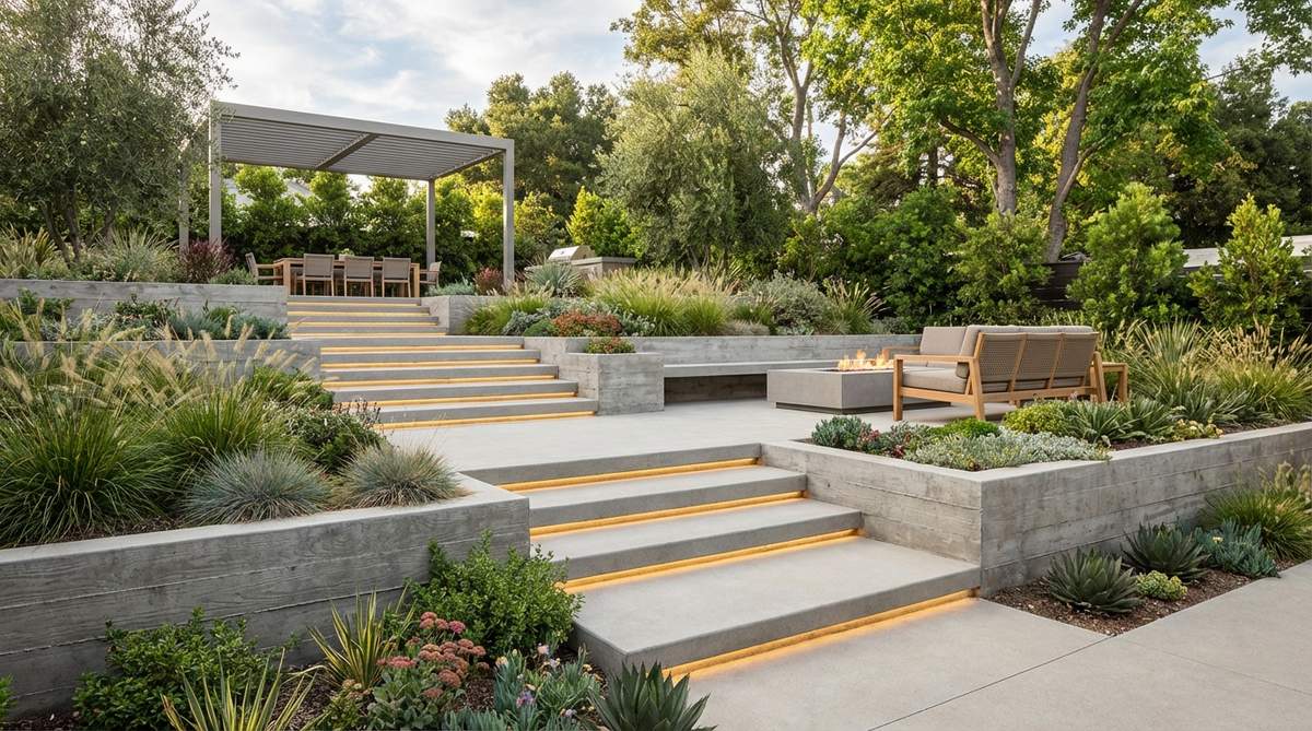A contemporary garden featuring geometric stepped terrace platforms with poured concrete walls, creating distinct spatial zones at different elevations. The design includes uniform riser heights, generous tread depths for comfortable circulation, integrated lighting in the risers, and varied planting areas taking advantage of different microclimates created by the terraced arrangement.