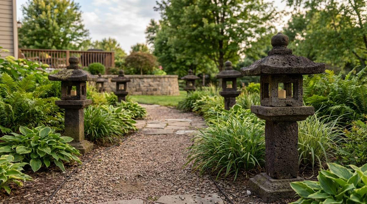Miniature stone toro lanterns measuring 12-18 inches tall marking a garden pathway, featuring traditional Japanese design elements including cap, light chamber, shaft, and base. The volcanic lavastone lanterns show natural mineral deposits and textures, spaced 6-8 feet apart to guide nighttime navigation along narrow garden paths.