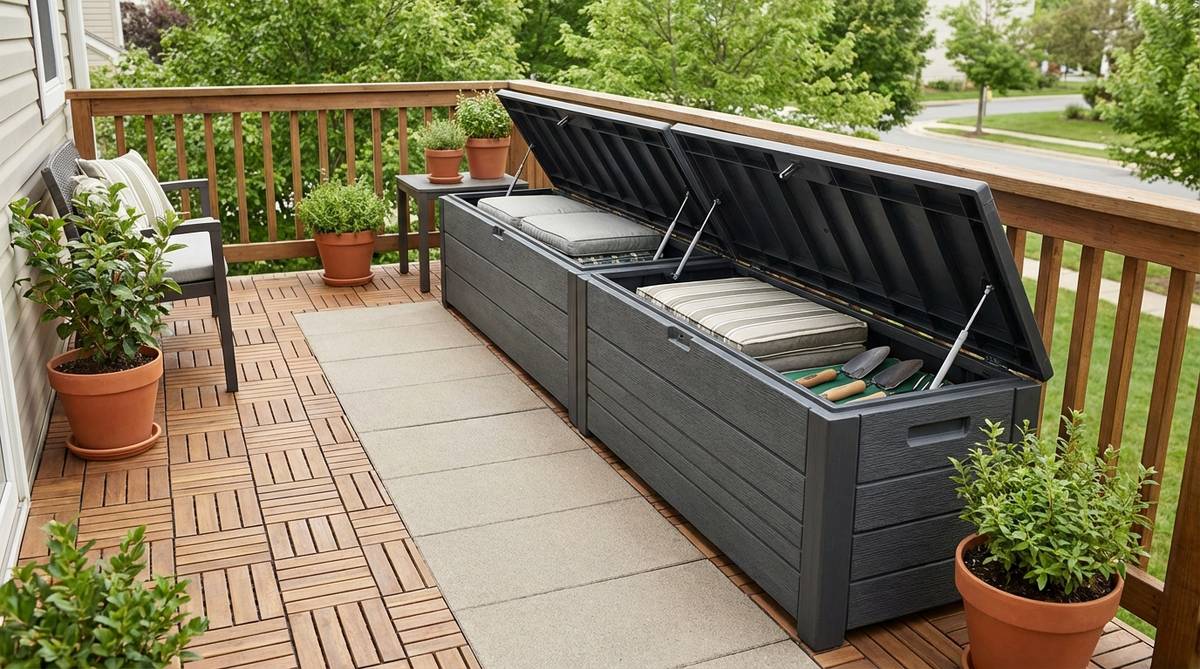 A modern storage bench on a balcony, featuring waterproof compartments for storing cushions, garden tools, or outdoor toys. The resin construction with gas-lift hinges allows easy access, positioned along the railing to define the seating area while keeping the center path clear.