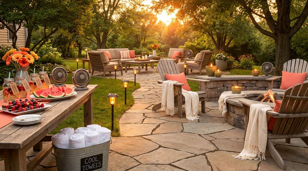 A vibrant mini garden party celebrating the summer solstice with sunset tones of orange, coral, and gold. Solar-powered stake lights illuminate pathways, while fans, citronella candles, and chilled towels address summer heat. Seasonal watermelon slices and berry skewers are featured, with lightweight cotton blankets draped over seating for cooler evening temperatures.