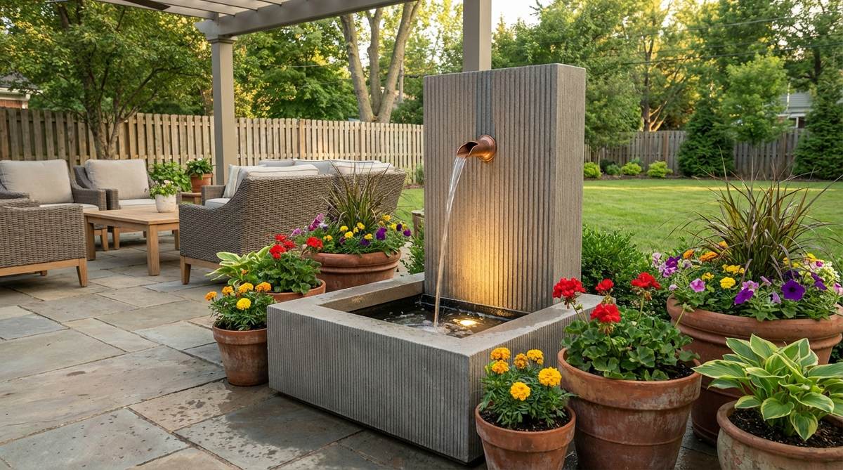 Contemporary cast stone garden fountain with sleek vertical lines and a single flower spout directing water into a square basin. Ideal for small patio spaces, this fountain creates steady, relaxing water flow with minimal splashing. Features LED uplighting for evening drama and can be complemented with terra cotta pots and colorful annuals to soften architectural lines.