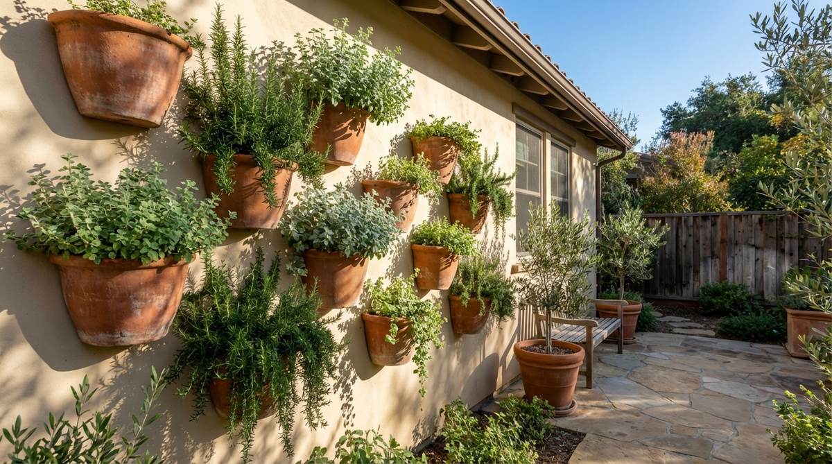 A vertical garden display featuring terracotta wall pockets mounted in a staggered arrangement on a stucco wall. The pockets are filled with cascading Mediterranean herbs including oregano, marjoram, and trailing rosemary, creating an aromatic and space-saving garden feature that improves air circulation around the plants.