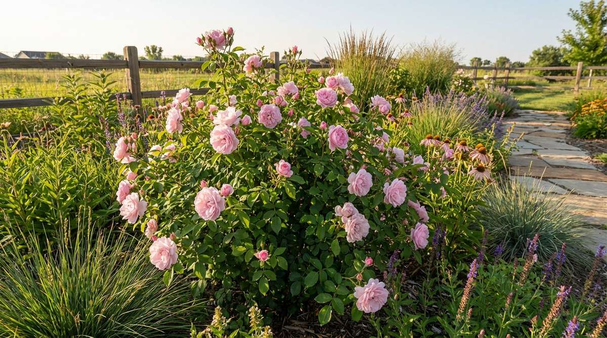 A soft pink modern garden rose with relaxed open blooms, ideal for naturalistic plantings. This 4-foot shrub rose features semi-double flowers, fruity fragrance, strong disease resistance, and continuous flowering, perfect for prairie-style or pollinator gardens.
