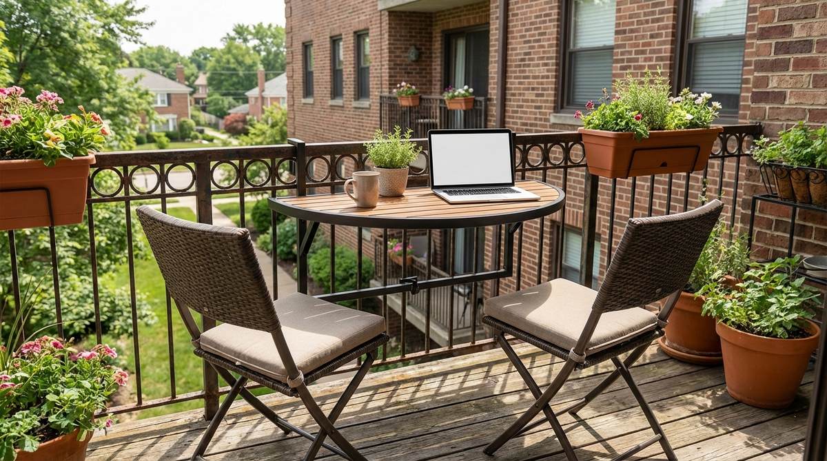 A three-piece balcony rail table set featuring an adjustable clamp table that attaches directly to balcony railings, paired with folding chairs. The set is ideal for small spaces, perfect for coffee breaks or remote work with a view, and includes a semi-circular or rectangular platform extending 16-20 inches from the rail.
