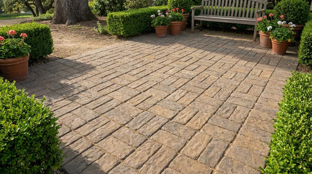 A close-up photo showing the 3:1 basket weave pattern for patio pavers, with three pavers positioned side-by-side alternating with single perpendicular pavers to create a pronounced woven appearance. The pattern provides strong visual definition and works well with pavers that are three times longer than their width, reducing direction changes for easier installation while maintaining complexity.