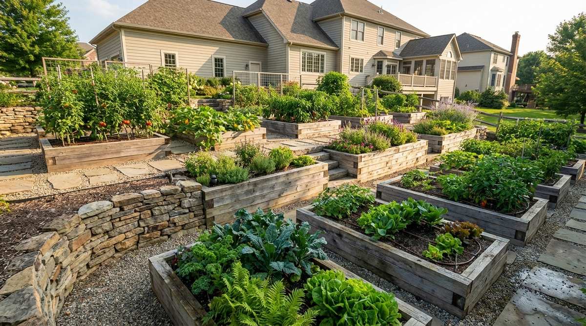 A terraced garden design featuring descending levels of raised beds built like stair steps on a hillside. The tiered cascading beds prevent erosion, improve drainage, and create microclimates for different plants, with upper beds for heat-loving vegetables and lower beds for moisture-loving greens.