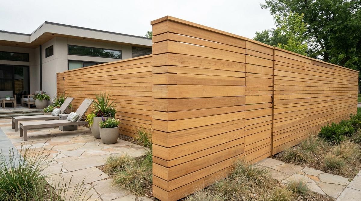 A sleek horizontal slat fence with minimal quarter-inch gaps between boards, providing complete visual privacy while creating clean, uninterrupted lines that complement contemporary and mid-century modern architecture. Made from cedar or composite materials with precise installation to maintain consistent spacing.