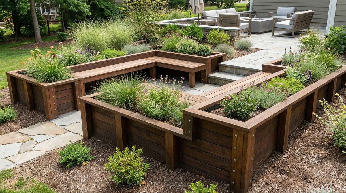A modern timber-framed planter system on a sloped garden, featuring pressure-treated lumber or rot-resistant cedar forming rectangular cells for terraced beds. The design includes vertical posts anchored into the slope with horizontal boards at 8-inch intervals, treated with penetrating sealer and secured with galvanized screws. Built-in bench seats cap the wall tops, creating functional seating that complements contemporary architecture with clean lines.