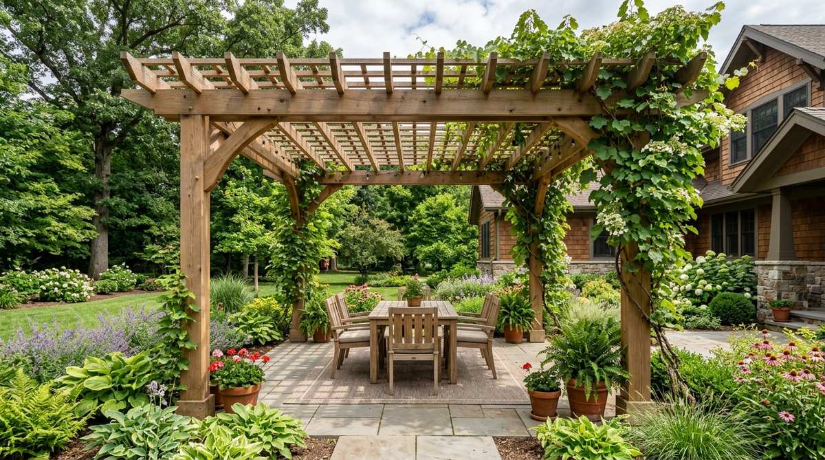 A timber pergola with shade lattice structure in a garden setting, featuring 6x6 posts and 2x8 rafters spaced at sixteen-inch intervals. The design includes cross pieces creating a grid that filters sunlight while allowing air circulation, perfect for outdoor dining and entertaining zones with climbing plants like grapevines or hydrangea.