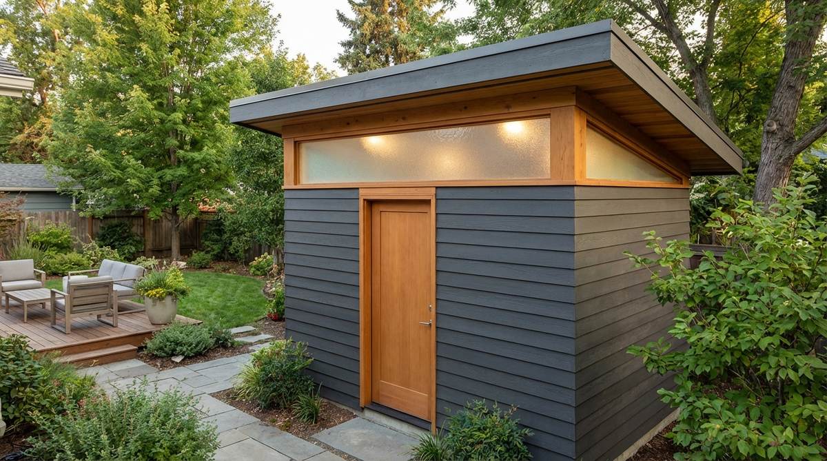 A horizontal transom window positioned above a standard door in a contemporary garden shed, featuring frosted glass that diffuses natural light while maintaining privacy. The elevated window design provides overhead illumination for interior spaces like home offices, controls screen glare, enhances security compared to ground-level windows, and allows for ventilation.