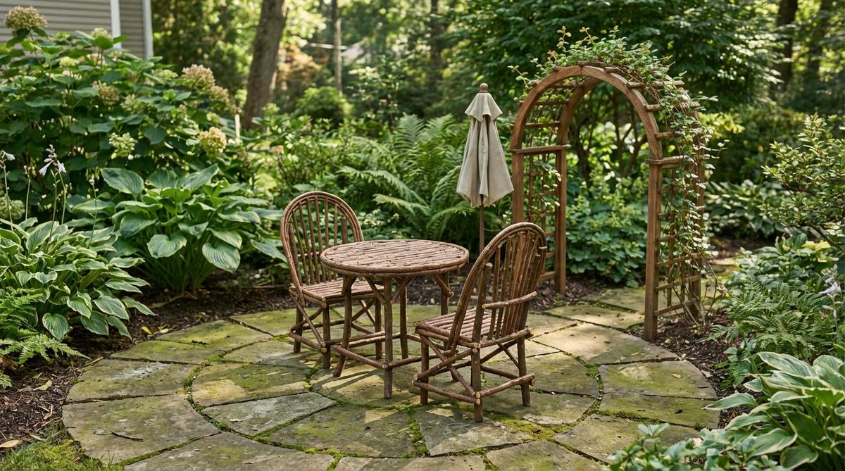 A miniature twig bistro set with a table and two chairs, crafted from uniform branches for a fairy garden dining scene. Perfect for placement on a moss patio, featuring weather-resistant outdoor polyurethane finish and positioned beneath a miniature arbor or umbrella accessory.