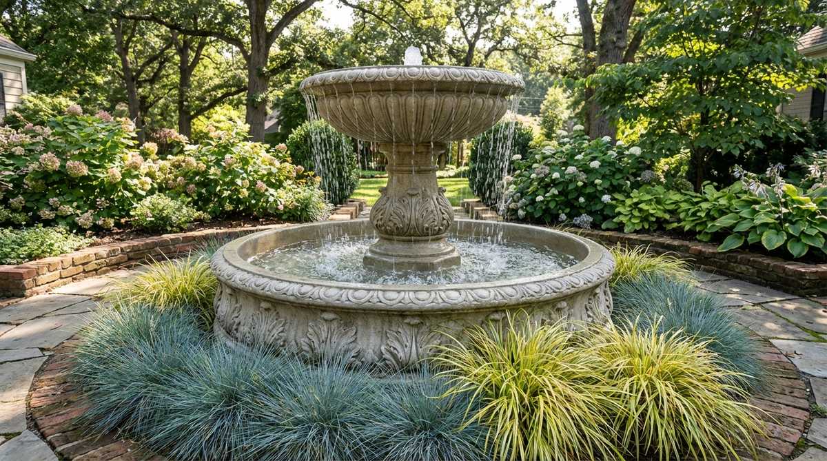 A classic two-tier stone garden fountain featuring an upper bowl overflowing into a larger lower basin. Cast stone construction with intricate detailing on basin edges and pedestals. Water pumps from the base reservoir through the pedestal, creating a circular overflow with consistent sheet sounds. Ideal for small gardens, surrounded by blue fescue or Japanese forest grass for movement and color contrast.