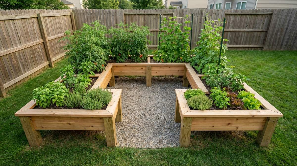 A contemporary U-shaped accessibility garden bed with three connected sides forming enclosed planting zones. The design features 4x8 foot legs with 3-foot-wide openings for wheelchair or cart access, 45-degree mitered joints at corners, and strategic planting of tall crops along the back with low-growing species at the front edges.