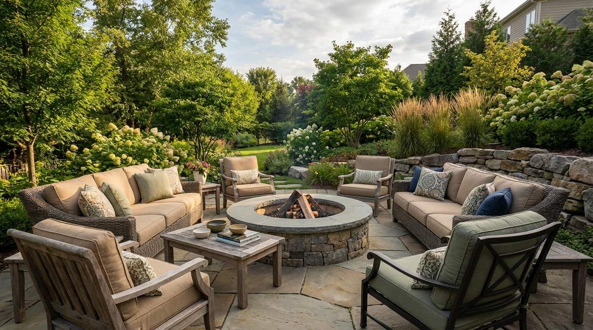 Outdoor sofas and armchairs arranged in an open U-formation around a fire pit, seating 6-10 guests with clear sightlines for group conversation. Weather-resistant cushions in coordinating colors unify mismatched furniture, positioned away from high-traffic areas to create a retreat space for extended garden party conversations.