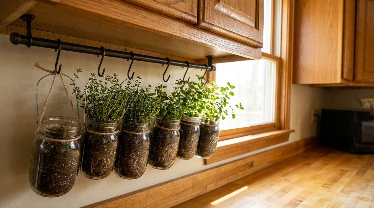 A DIY setup featuring clear mason jars hanging from a slim rail under kitchen cabinets, showcasing compact herbs like thyme or oregano with visible roots and soil, ideal for creating a green, space-saving mini herb garden in rental-friendly conditions.