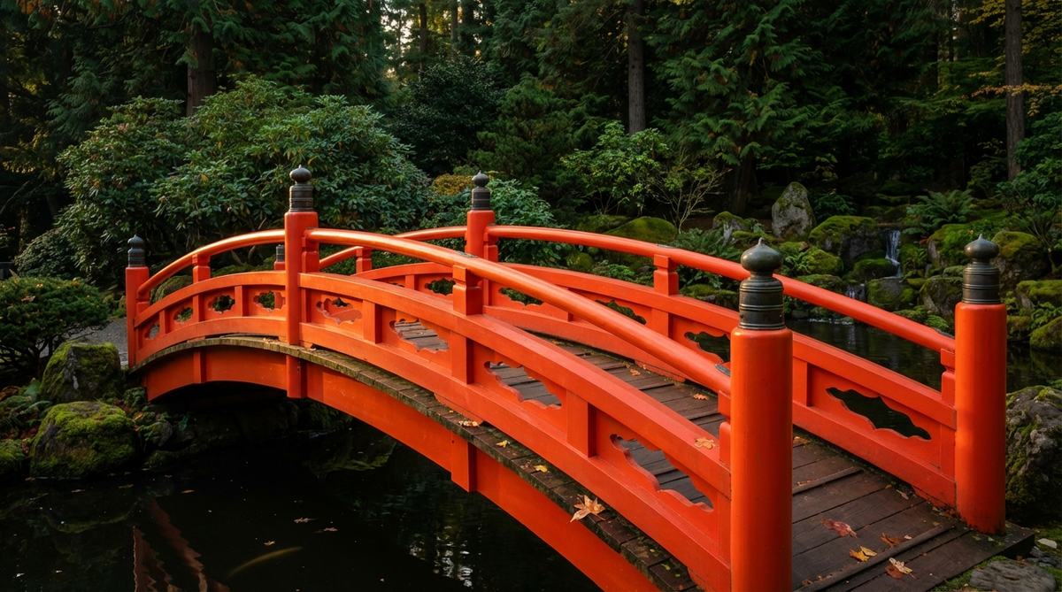 A vibrant vermillion arched bridge in a Japanese garden, featuring ornate railings with decorative cutouts and cloud motifs. The red finish contrasts beautifully against evergreen backgrounds and shadowed water, with morning light enhancing its luminosity.