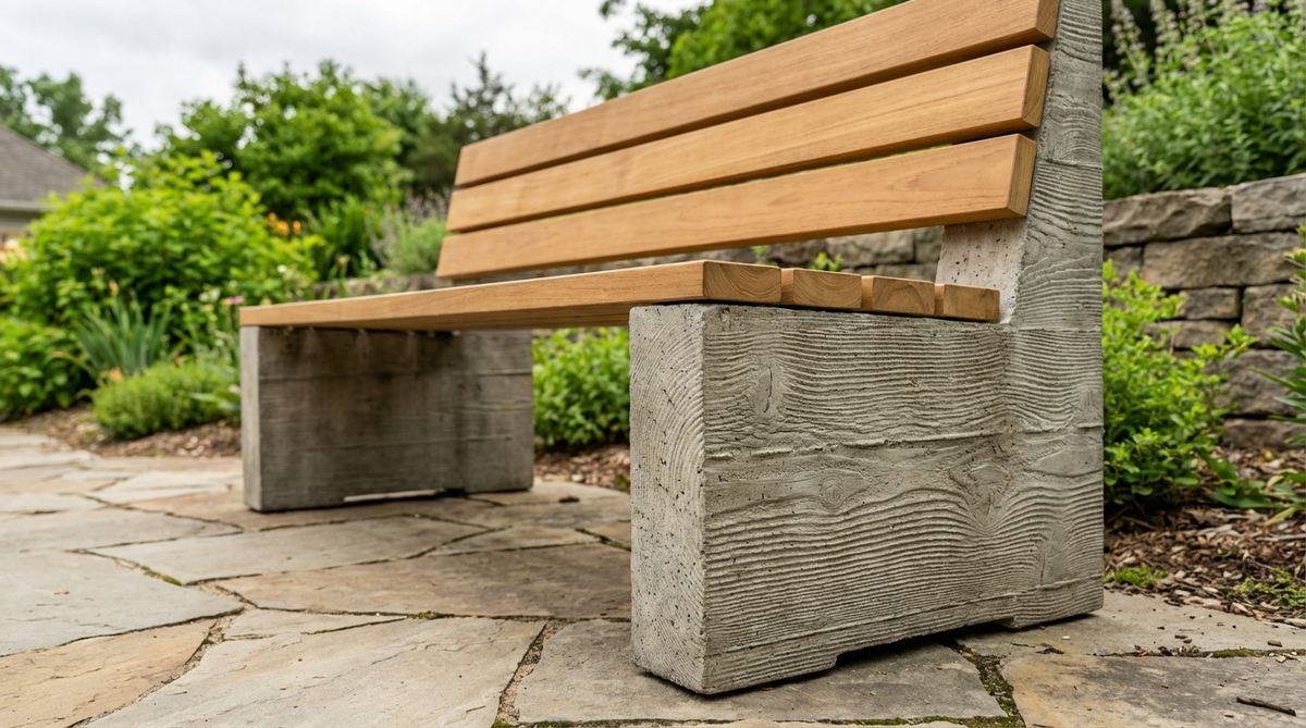 Close-up detail showing the wood grain texture imprinted on concrete bench legs from rough-sawn lumber forms, contrasting with smooth wood slats above in a modern garden bench design.