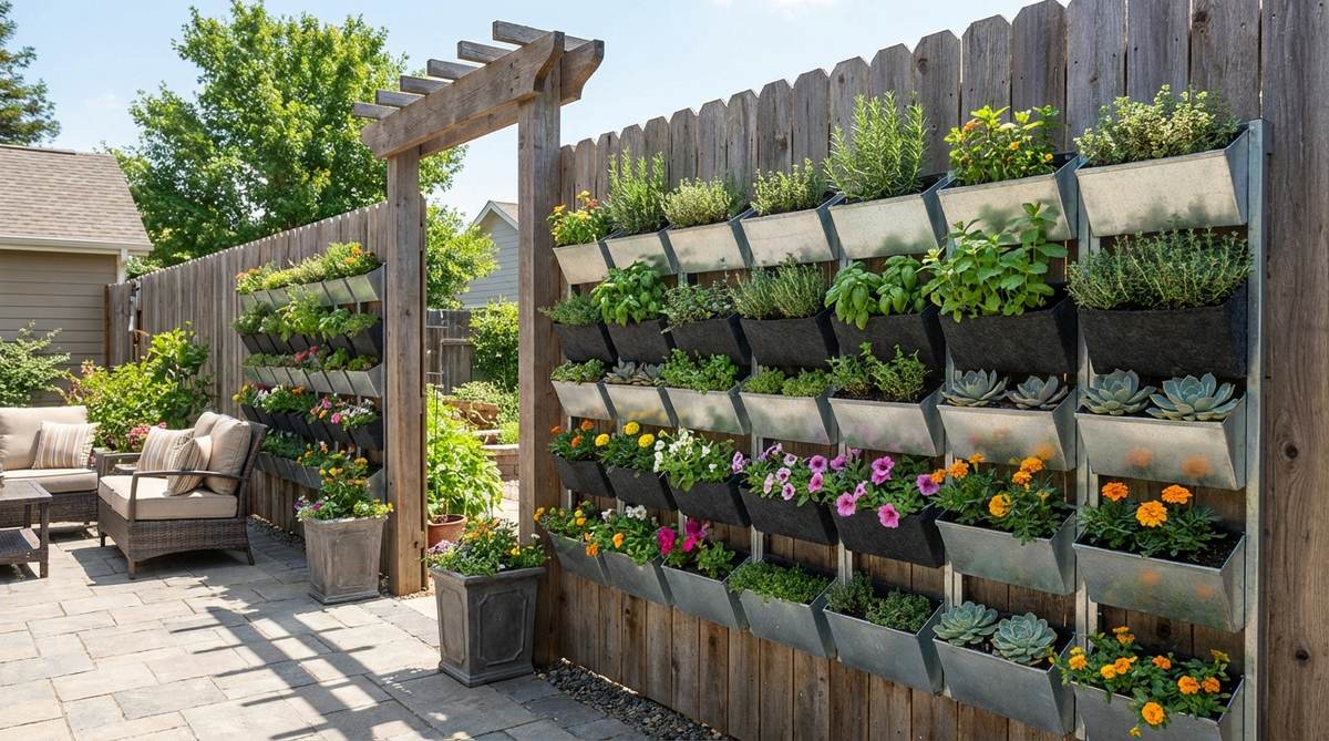 A vertical garden panel fence featuring modular pocket planters mounted on a fence framework, transforming flat surfaces into productive growing zones with herbs, succulents, and flowering annuals in galvanized steel or UV-resistant felt pockets arranged in grid patterns.