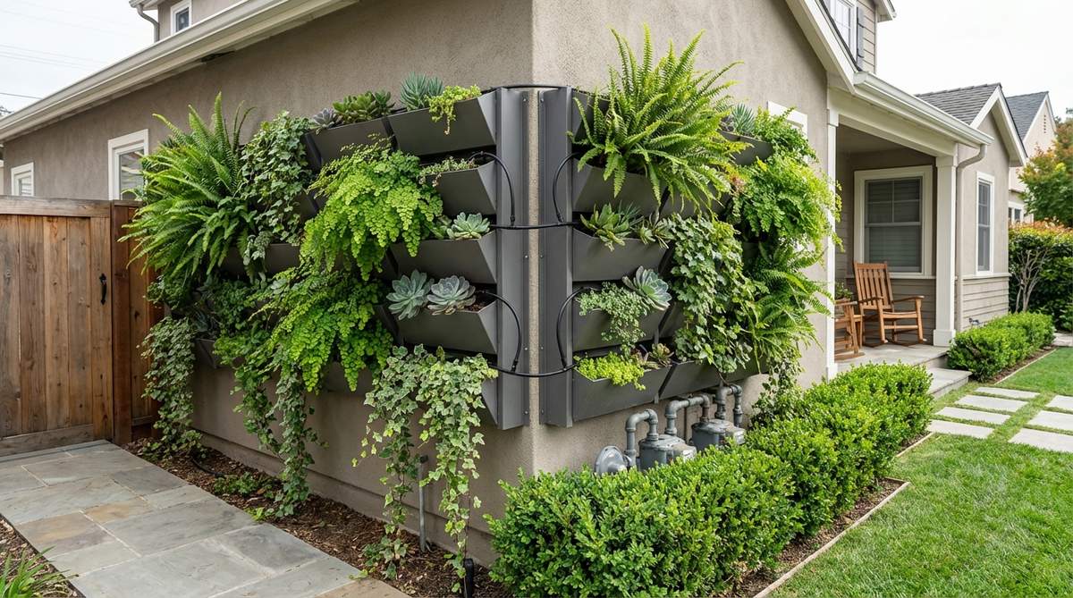 A wall-mounted vertical garden panel installation in a front yard, featuring modular planters with ferns, succulents, and trailing plants cascading down to create a living art installation. This system maximizes planting area in compact spaces, such as narrow side yards or blank foundation walls, while providing privacy and hiding less attractive features like utility meters. Integrated irrigation ensures easy maintenance and consistent moisture levels for a lush, dramatic vertical focal point.
