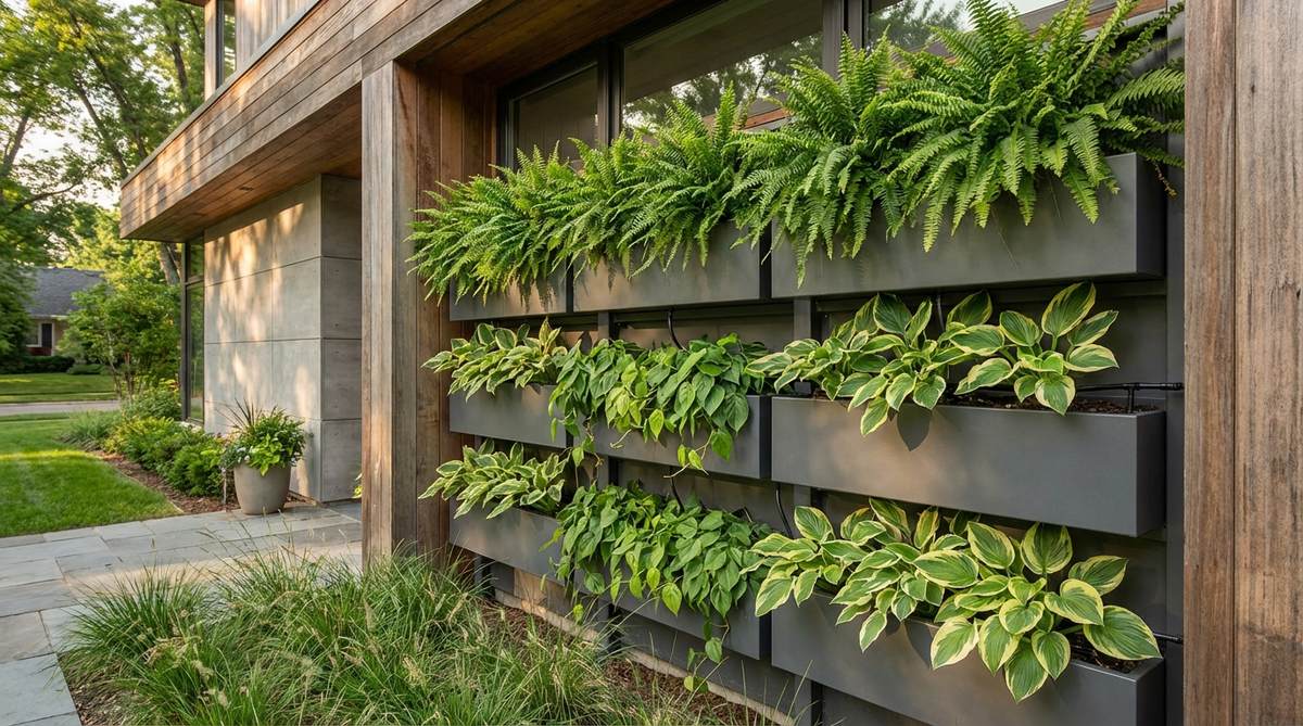 A contemporary vertical green wall featuring modular planters with ferns, trailing Philodendrons, and compact Hostas, showcasing living art on a building facade with integrated drip irrigation system.