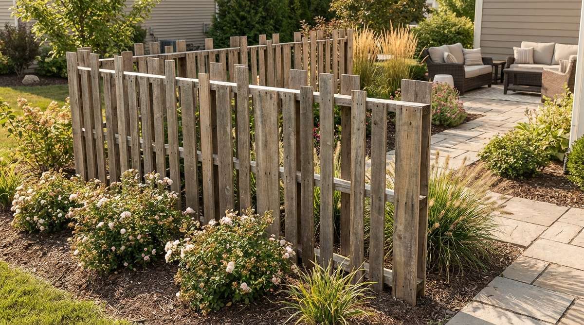 A rustic garden divider made from disassembled pallet boards installed vertically, creating permeable sections that filter views and allow airflow. The design features random board widths and natural weathering for an organic visual rhythm, with boards attached to horizontal support rails using varying gaps and staggered heights to avoid rigid uniformity.