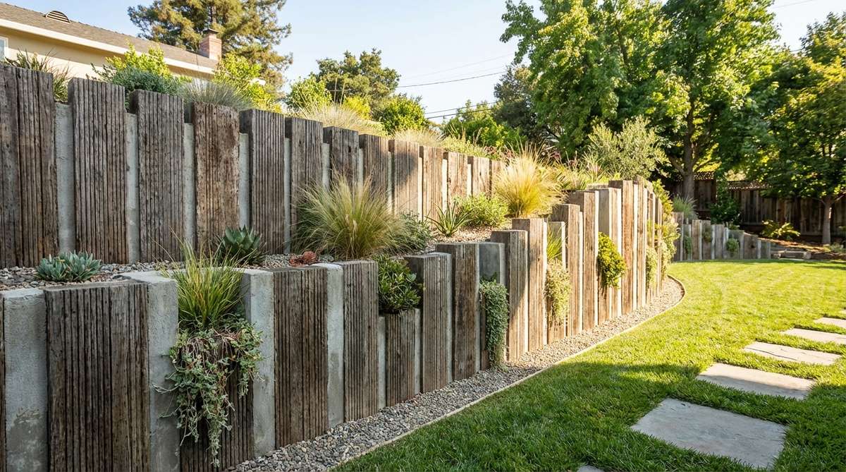 A modern small garden retaining wall constructed with treated railway sleepers installed vertically, creating bold linear patterns. The sleepers are set individually in concrete or compacted gravel, allowing for curved designs and planted pockets between gaps. This cost-effective method is suitable for slopes up to 4 feet high.