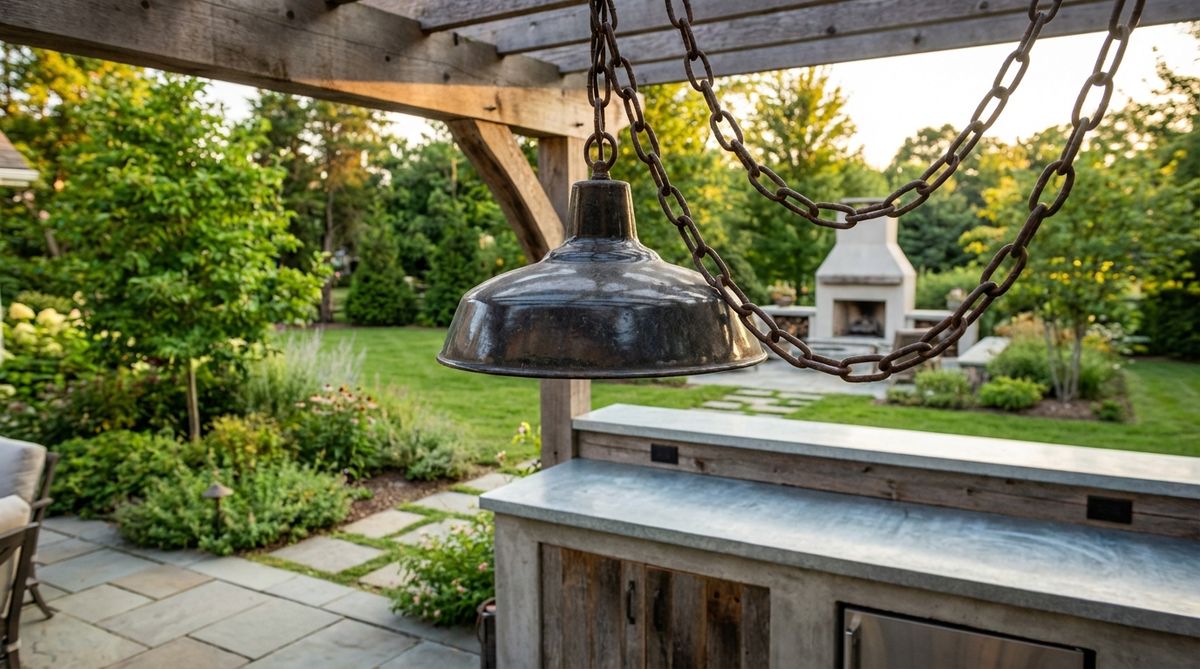 Industrial farmhouse-style hanging light fixture with decorative chains, featuring porcelain enamel or galvanized finishes for weather resistance. Ideal for providing focused task lighting over outdoor prep counters, bars, or game tables in garden and pergola settings.