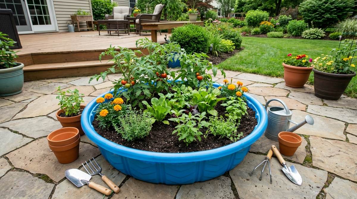 A repurposed hard plastic children's wading pool used as a raised garden bed, filled with soil and growing vegetables, herbs, and flowers on a patio or balcony, showcasing its portability and suitability for compact spaces.