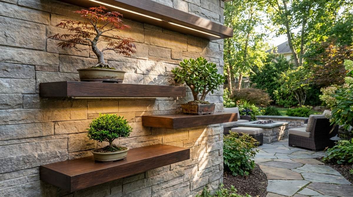 Three floating shelves arranged in descending stair-step formation displaying bonsai trees: top shelf with 12-inch Japanese Maple, middle with 8-inch Jade plant, and bottom with 5-inch Kingsville Boxwood. LED grow strips provide supplemental lighting, with canopies arranged diagonally from upper left to lower right.