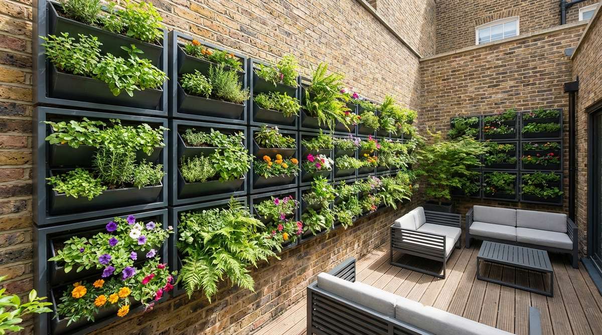 Vertical planter grids in powder-coated steel create living art installations on blank walls. Modular designs allow custom configurations to maximize small courtyards and balconies where floor space is limited. Perfect for growing herbs, ferns, or flowering annuals for seasonal rotation and visual variety in modern outdoor decor.