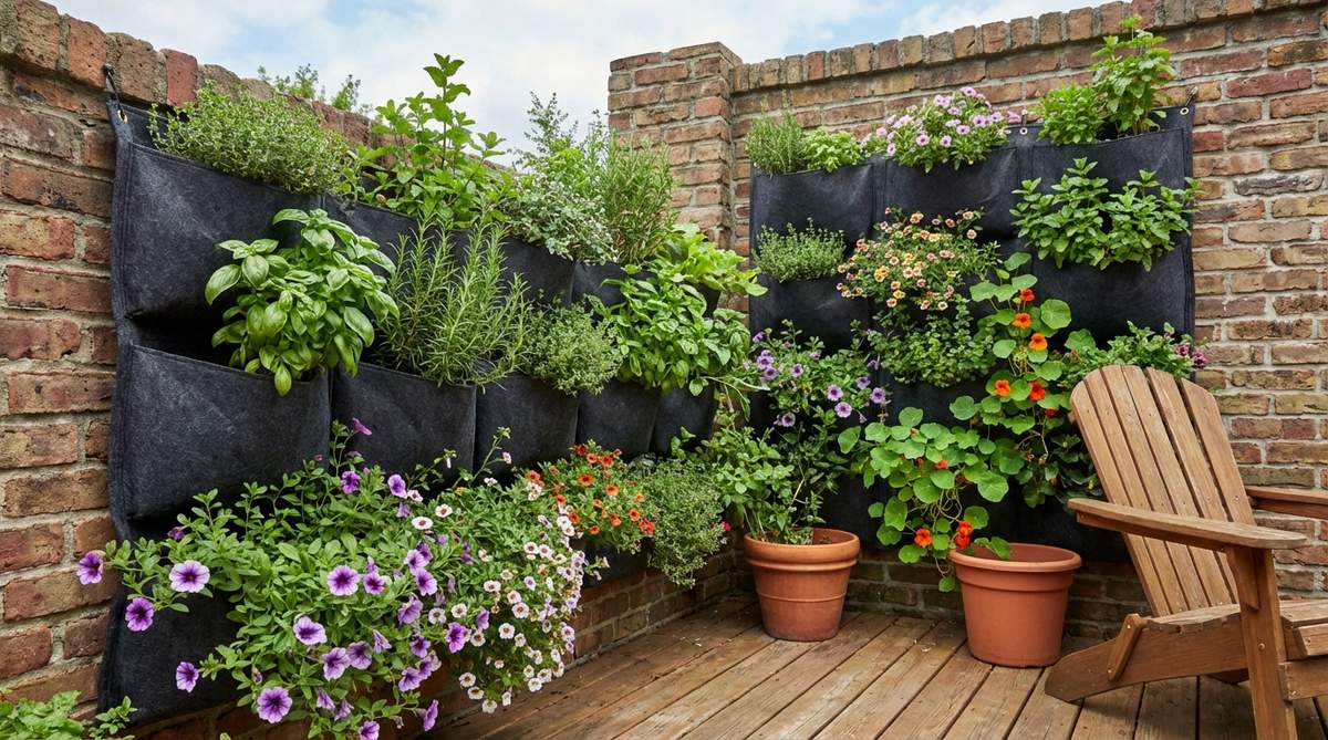 A vertical garden setup with fabric pocket planters mounted on a wall, filled with herbs and trailing flowers, showcasing space-saving gardening in a small backyard.