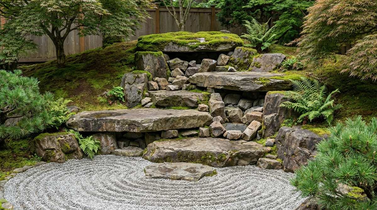 A vertical stone cascade in a Japanese garden, featuring stacked and staggered rocks that simulate a waterfall frozen in stone. Large flat stones are arranged in descending tiers with smaller angular rocks between levels, creating the illusion of tumbling water. At the base, circular raked gravel patterns form a pool effect, while moss planted at the top and along the sides adds organic texture, contrasting with the hard stone surfaces. This dynamic composition enhances movement in static rock arrangements, often positioned against slopes or walls to leverage gravity's pull.