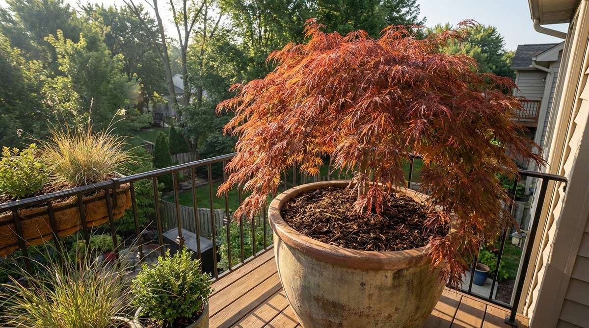 A weeping Japanese maple cultivar like 'Brocade' or 'Red Dragon' planted in a large ceramic container, serving as the focal point of a Japanese balcony garden. The cascading branches soften the hard edges of the balcony, with the plant positioned to receive morning sun only. The container shows organic mulch around the base to moderate soil temperature, with the maple displaying its characteristic seasonal foliage colors.