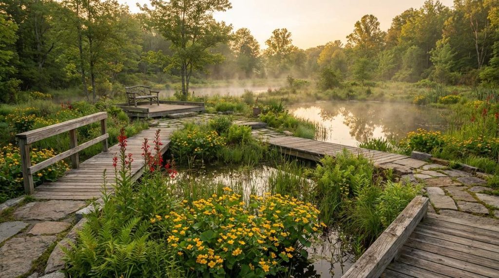 A wetland bog garden featuring moisture-loving plants like marsh marigold and cardinal flower thriving in low-lying areas, with raised boardwalks and stone paths for viewing. Water reflections add visual depth during morning and evening hours, transforming drainage challenges into beautiful design elements.