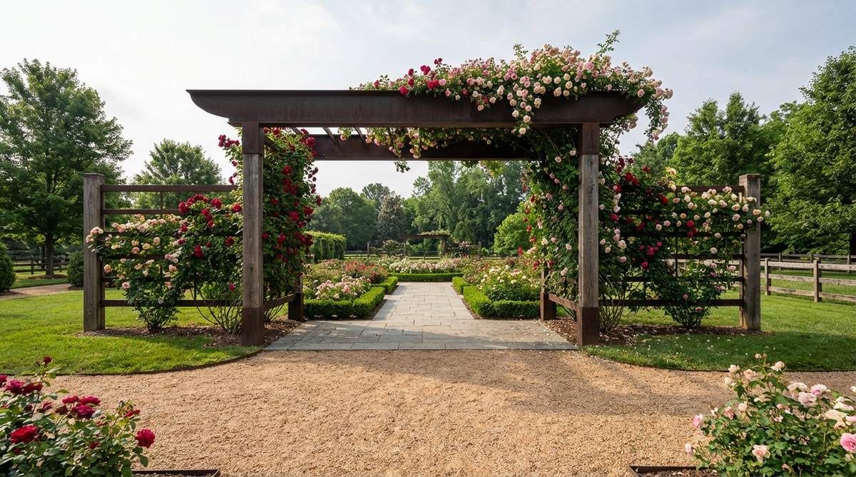 A wide-span ceremonial arch in a rose garden, spanning 8-10 feet to accommodate garden carts and wheelchair access. The arch features roses trained horizontally along the sides before directing up and over the top span, creating a grand-scale floral statement with heavy-gauge steel or reinforced timber construction.
