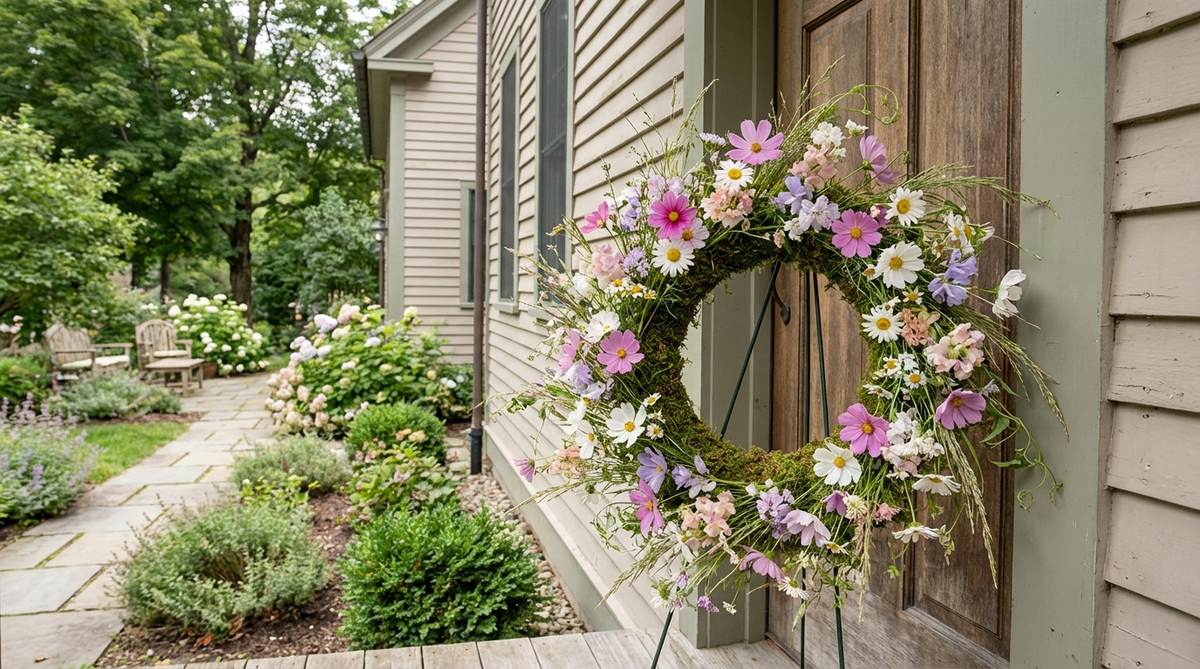 A loose, organic wildflower meadow wreath featuring cosmos, daisies, and pastel blooms, assembled on a moss-wrapped base for outdoor Easter decor, ideal for covered porches or cottage-style settings.