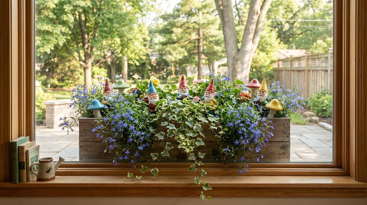 A charming and immersive storybook scene featuring mini garden gnomes arranged in a window box, positioned at eye level from indoors with trailing plants like lobelia or ivy weaving around them. The composition focuses on color repetition, echoing hat tones in bloom colors to create a cohesive living picture that evolves as plants grow and spill, offering high visual impact in a compact space.