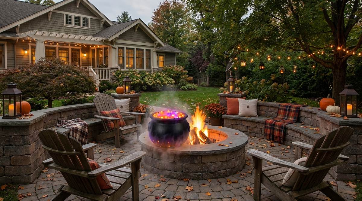 A faux witches' cauldron glowing with LED lights near a fire pit, creating a cozy yet eerie Halloween atmosphere with magical smoke effects and circular seating arrangement.
