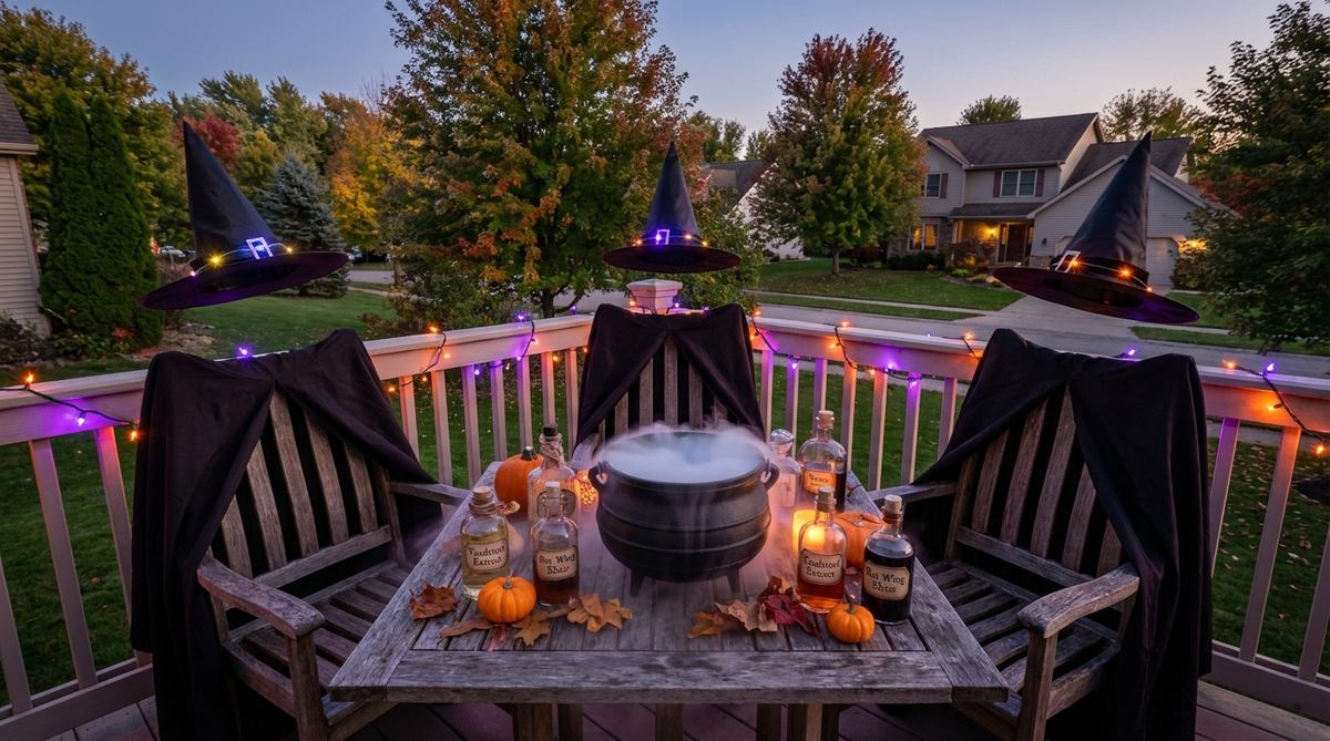A Halloween balcony decor featuring a witches' tea party setup with floating witch hats above chairs, a bubbling cauldron centerpiece surrounded by potion bottles, and purple and orange LED lights for magical illumination. The scene is designed for interactive photography and social media sharing, with tips for using dry ice fog effects and post-Halloween conversion to autumn decor.