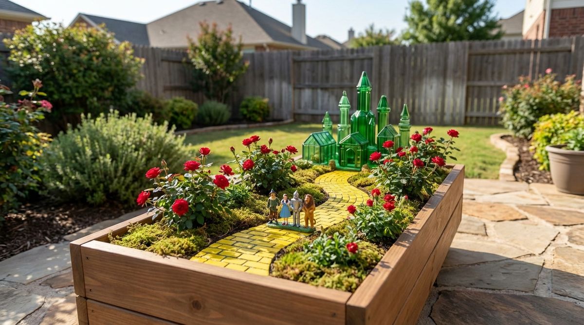 A miniature garden scene featuring a yellow brick road made from painted stones winding through the container, leading to an Emerald City structure crafted from green glass. Dorothy, Scarecrow, Tin Man, and Lion figurines are placed along the path, with red-blooming plants like miniature roses representing poppies. This narrative design creates a visual journey in a rectangular container.