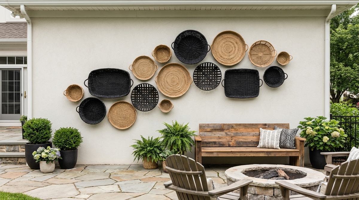 A gallery wall featuring black and natural woven baskets of varying sizes arranged in an asymmetrical pattern on a light wall. The mix of dark baskets with natural jute and rattan pieces creates high-contrast rhythm and dimensional texture, adding visual movement through depths, sizes, and tones in black boho decor.
