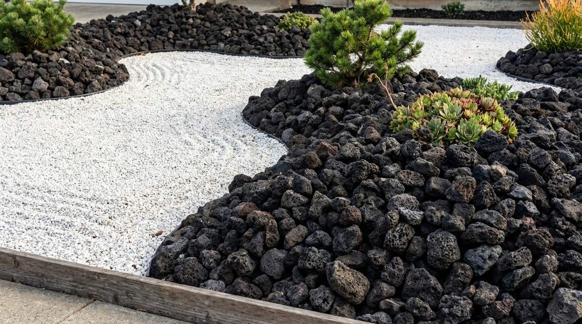 A close-up photograph showing dramatic contrast between dark black lava rocks and white gravel in a zen garden design. The three-quarter-inch volcanic rocks create defined zones with rough texture, demonstrating how this material can be used for visual impact and passive heat absorption in cooler climates.