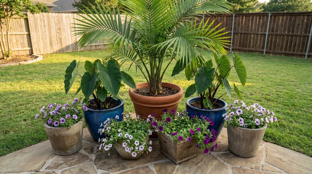 A vibrant tropical display featuring a cluster of 5-7 pots with varying heights, arranged on a patio or balcony. Includes a tall focal palm, medium-sized elephant ears, and trailing petunias, using odd numbers for a natural composition and varied pot colors and materials for visual interest while maintaining a cohesive style.